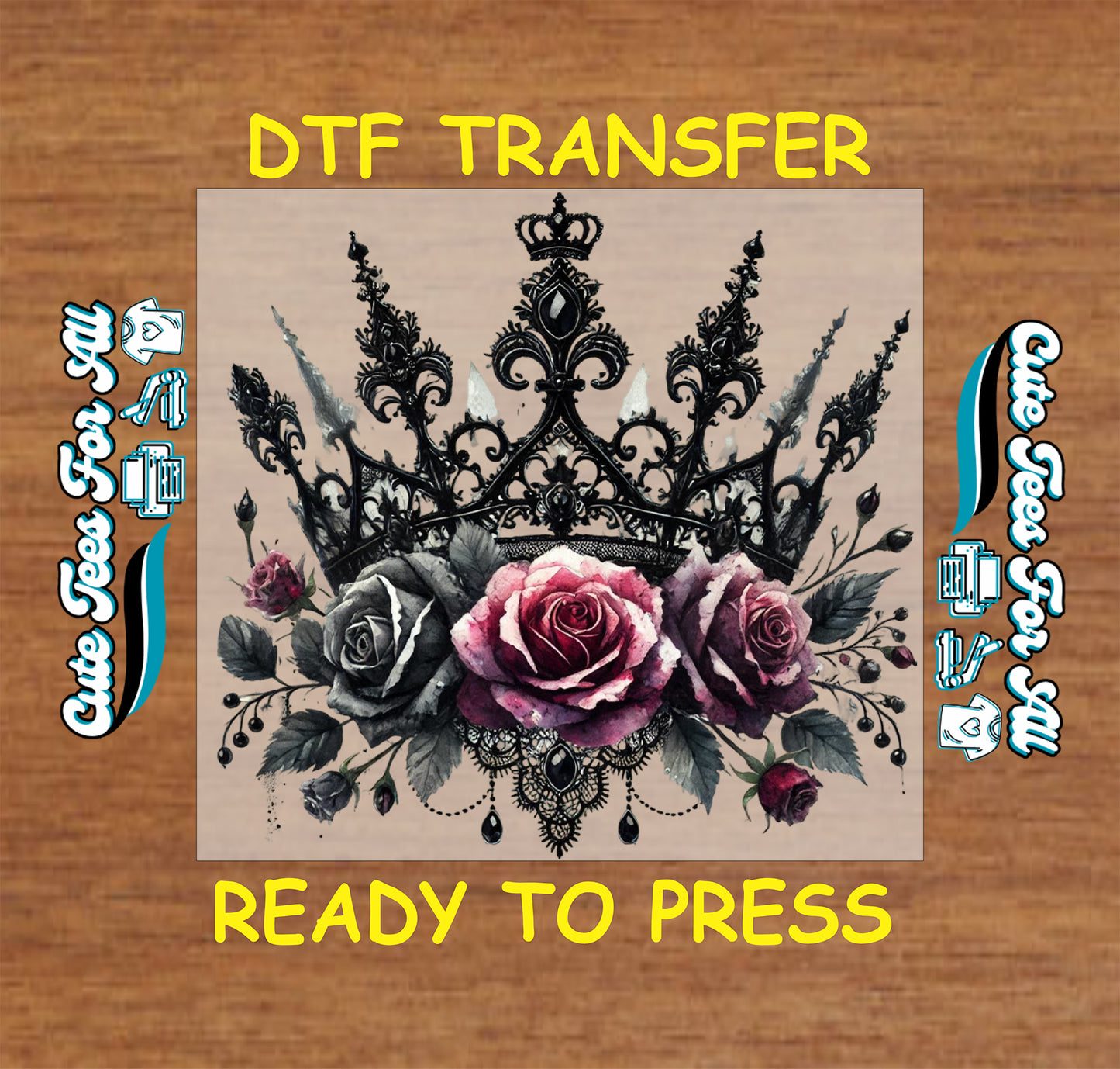 gothic crown with dark roses ready to press dtf transfer iron on heat transfer decal