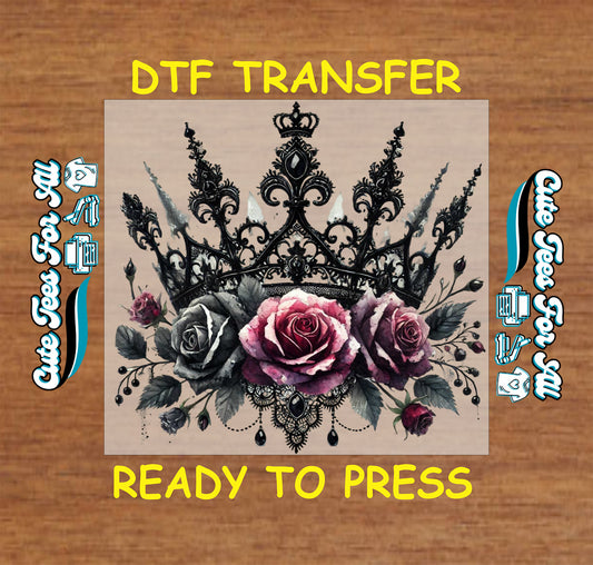 gothic crown with dark roses ready to press dtf transfer iron on heat transfer decal