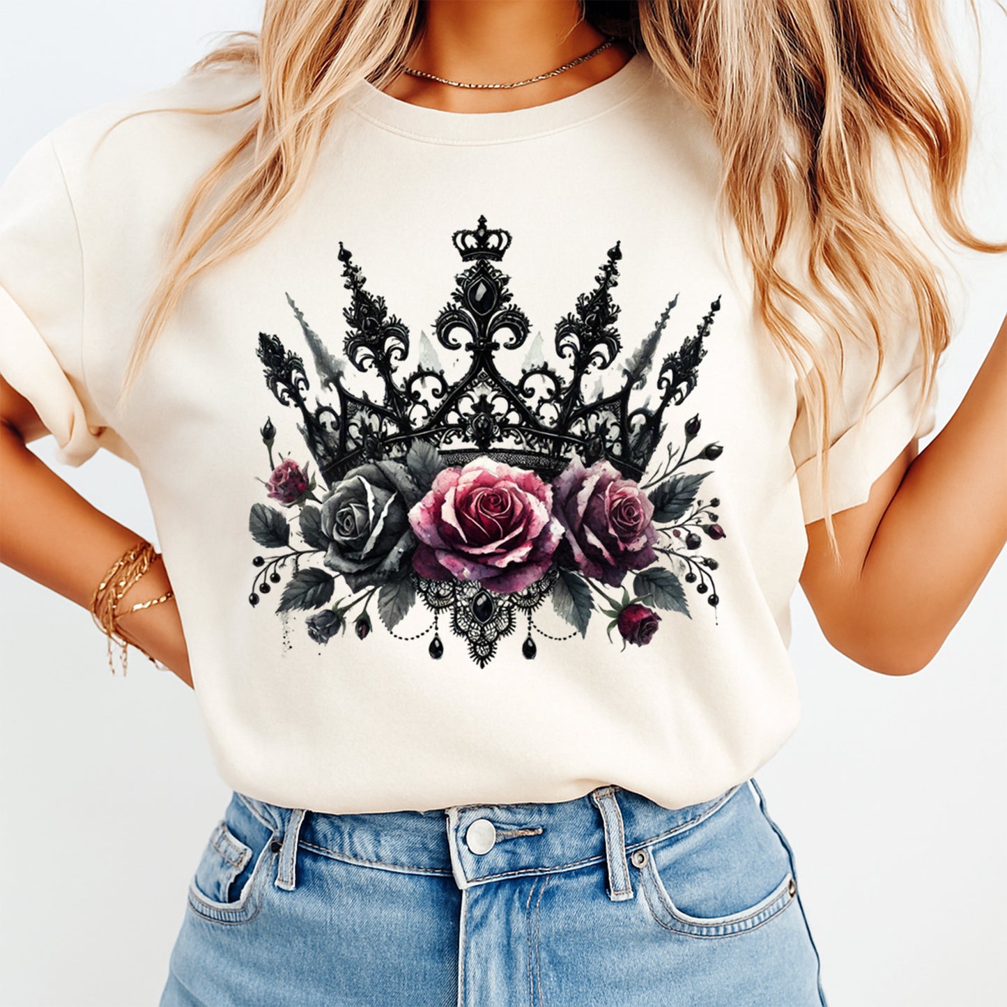 cream shirt with gothic crown and rose design ready to press dtf transfer applied on apparel