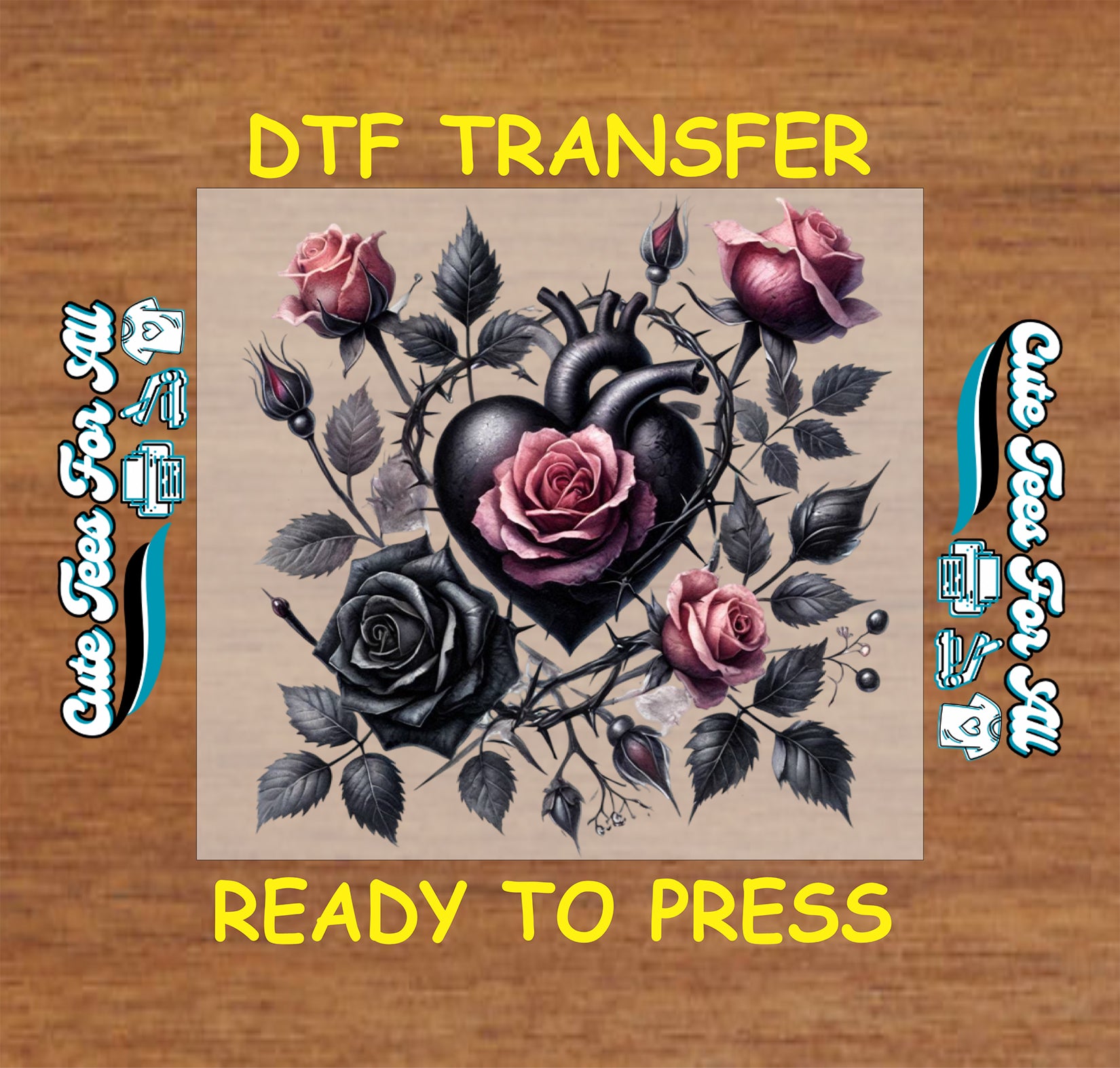 gothic anatomical heart with roses ready to press dtf transfer iron on heat transfer decal