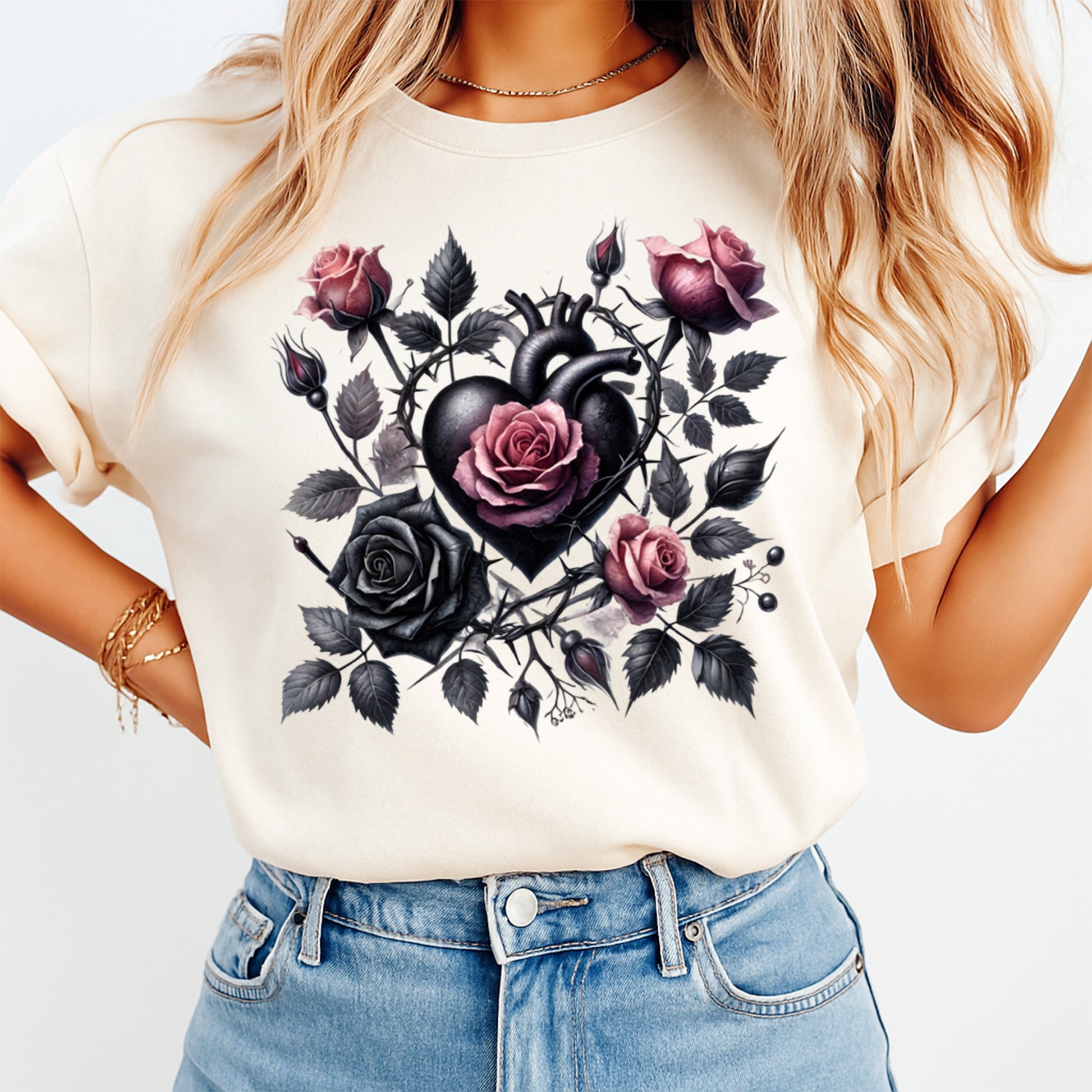 cream shirt with gothic anatomical heart and rose design ready to press dtf transfer applied on apparel