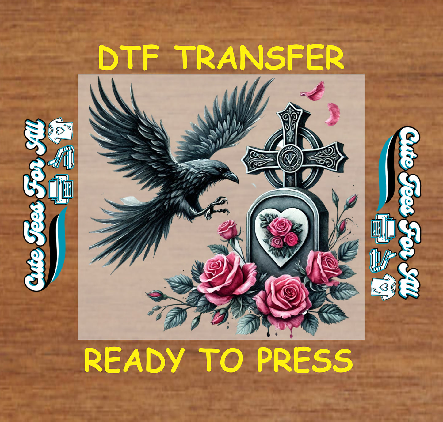 gothic raven with cross tombstone and roses ready to press dtf transfer iron on heat transfer decal