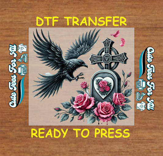 gothic raven with cross tombstone and roses ready to press dtf transfer iron on heat transfer decal