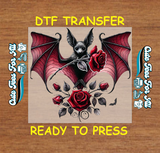 gothic bat with red roses ready to press dtf transfer iron on heat transfer decal