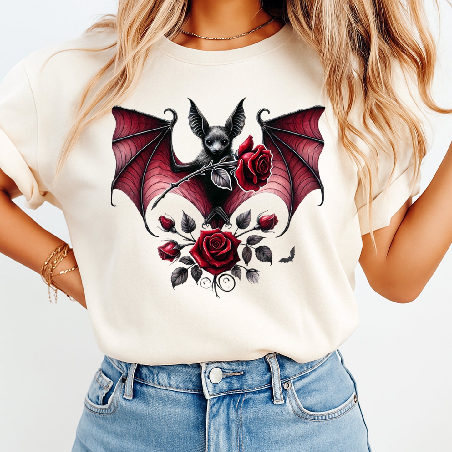 cream shirt with gothic bat and red rose design ready to press dtf transfer applied on apparel