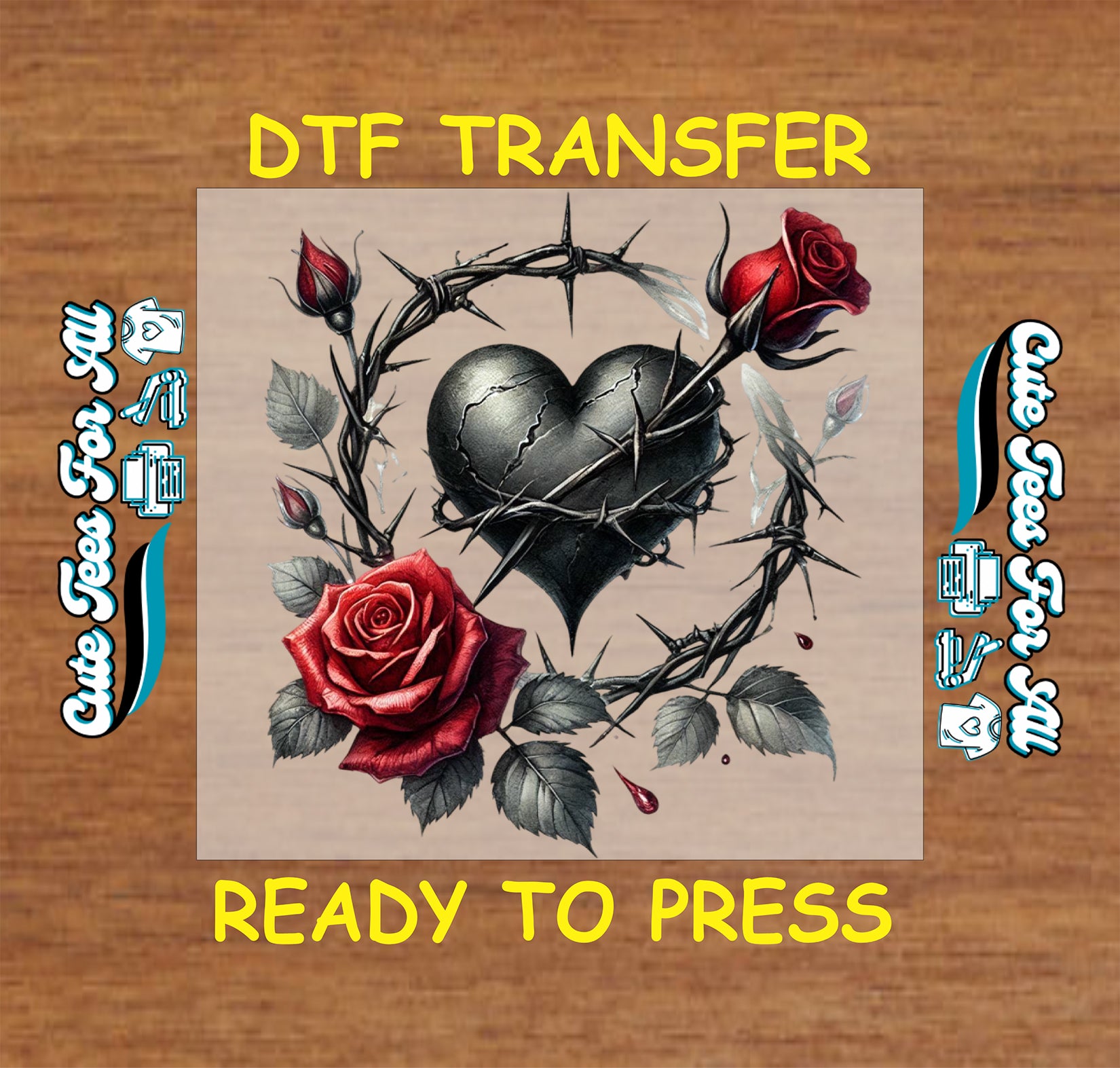 gothic thorn heart with red roses ready to press dtf transfer iron on heat transfer decal