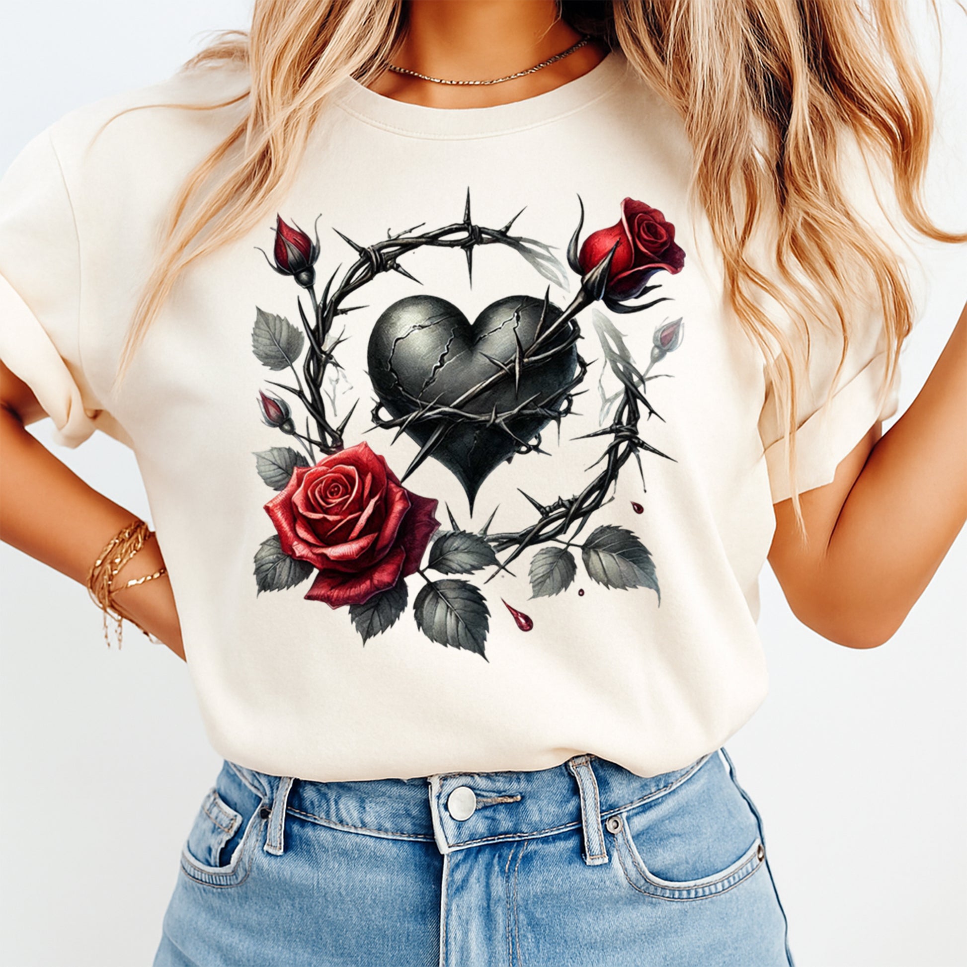 cream shirt with gothic thorn heart rose design ready to press dtf transfer applied on apparel
