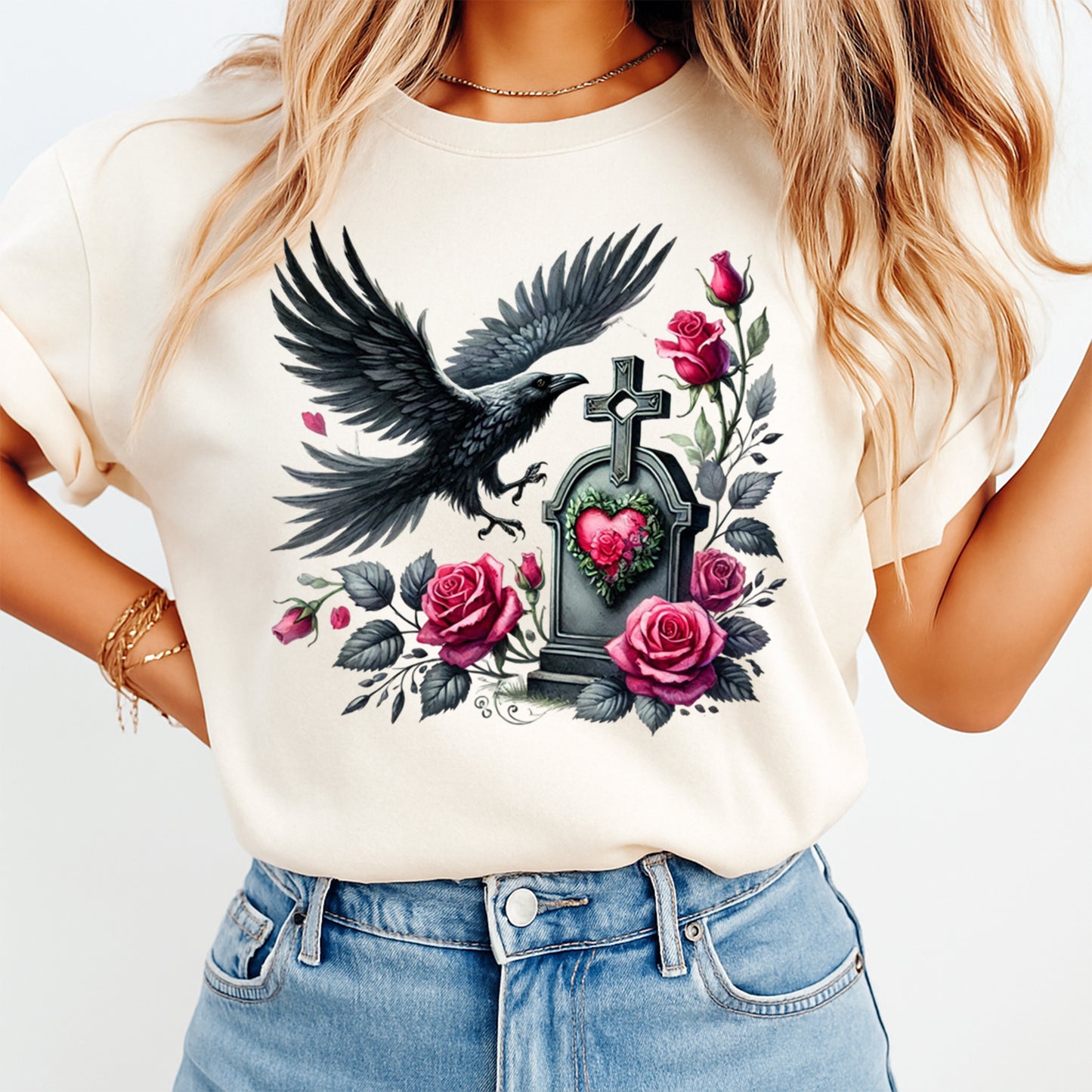 cream shirt with gothic raven grave rose design ready to press dtf transfer applied on apparel