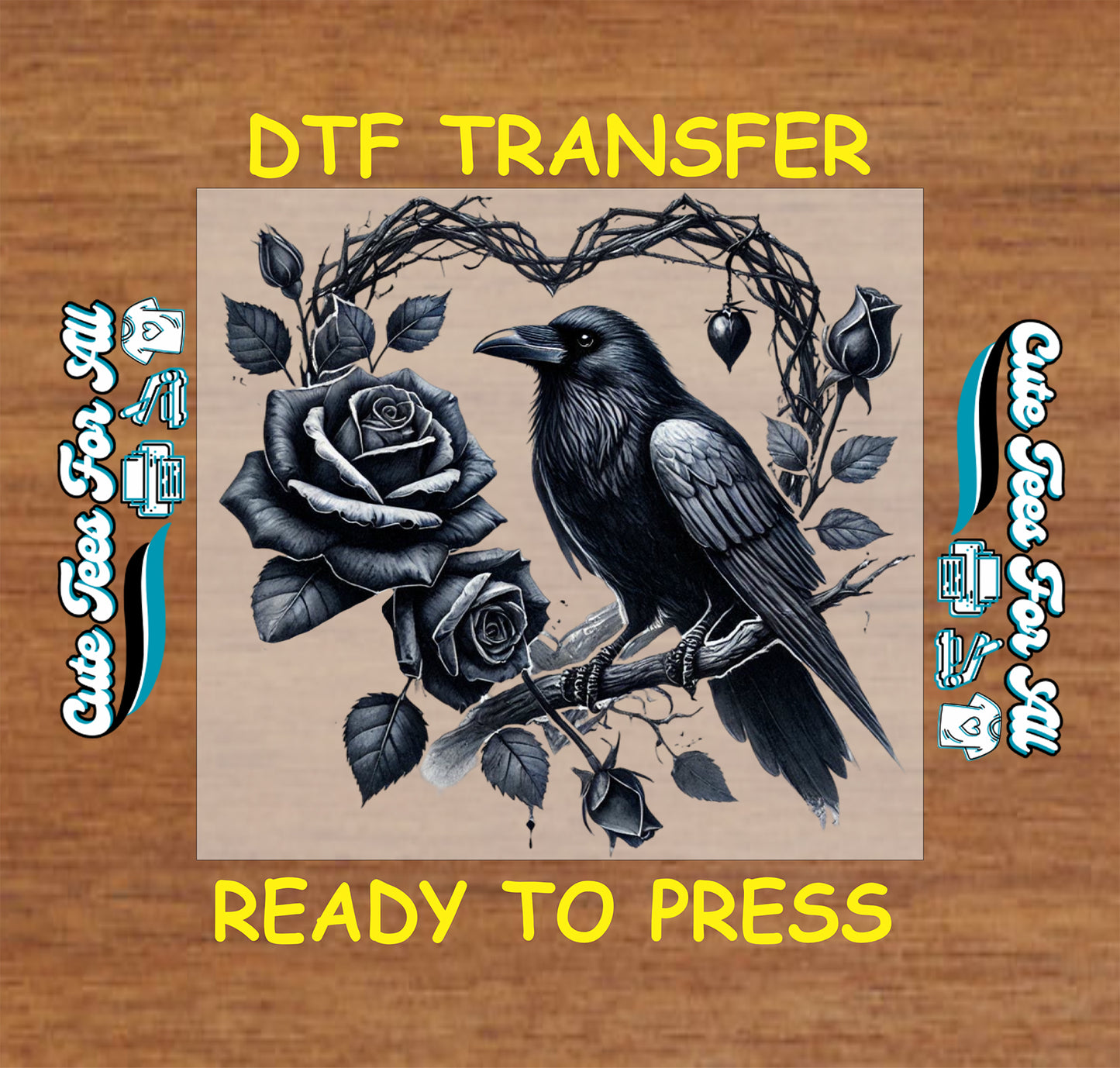 gothic raven with black roses ready to press dtf transfer iron on heat transfer decal