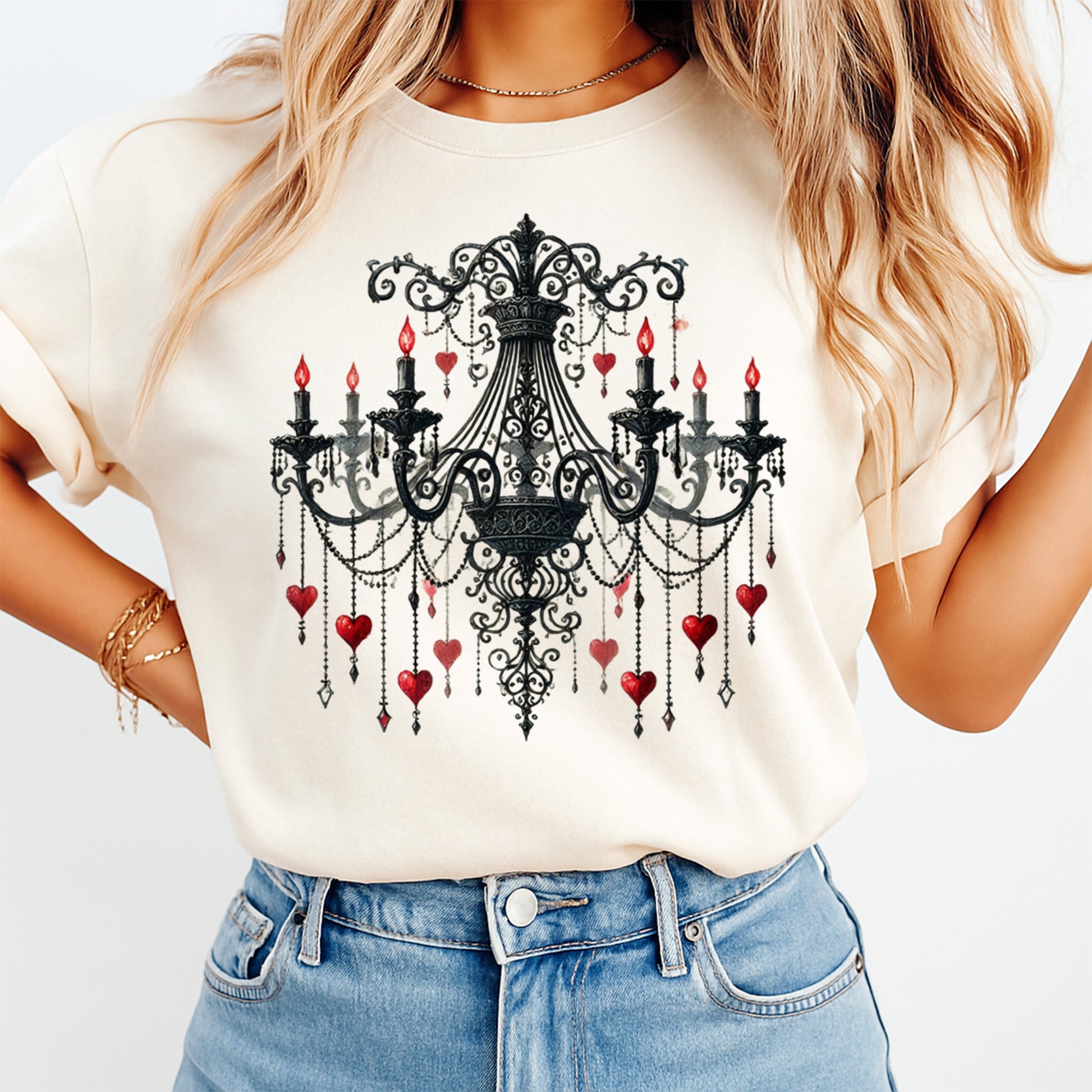 cream shirt with gothic chandelier heart design ready to press dtf transfer applied on apparel
