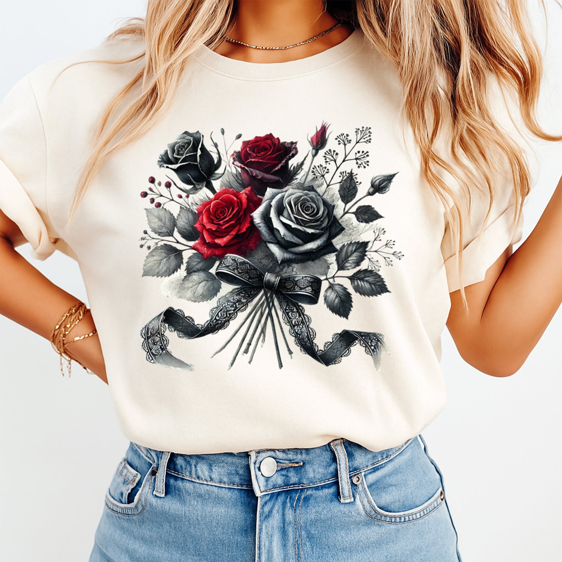 cream shirt with gothic red black rose bouquet design ready to press dtf transfer applied on apparel