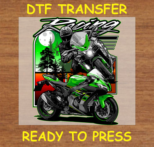"Racing DTF Transfer featuring a green motorcycle with scenic trees and moon background"