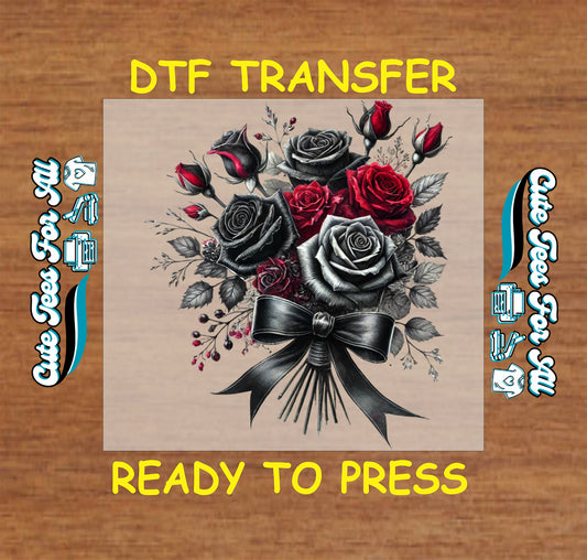 gothic black and red rose bouquet ready to press dtf transfer iron on heat transfer decal