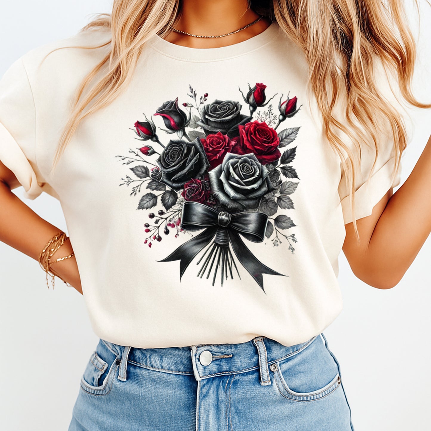 cream shirt with gothic black red rose bouquet design ready to press dtf transfer applied on apparel