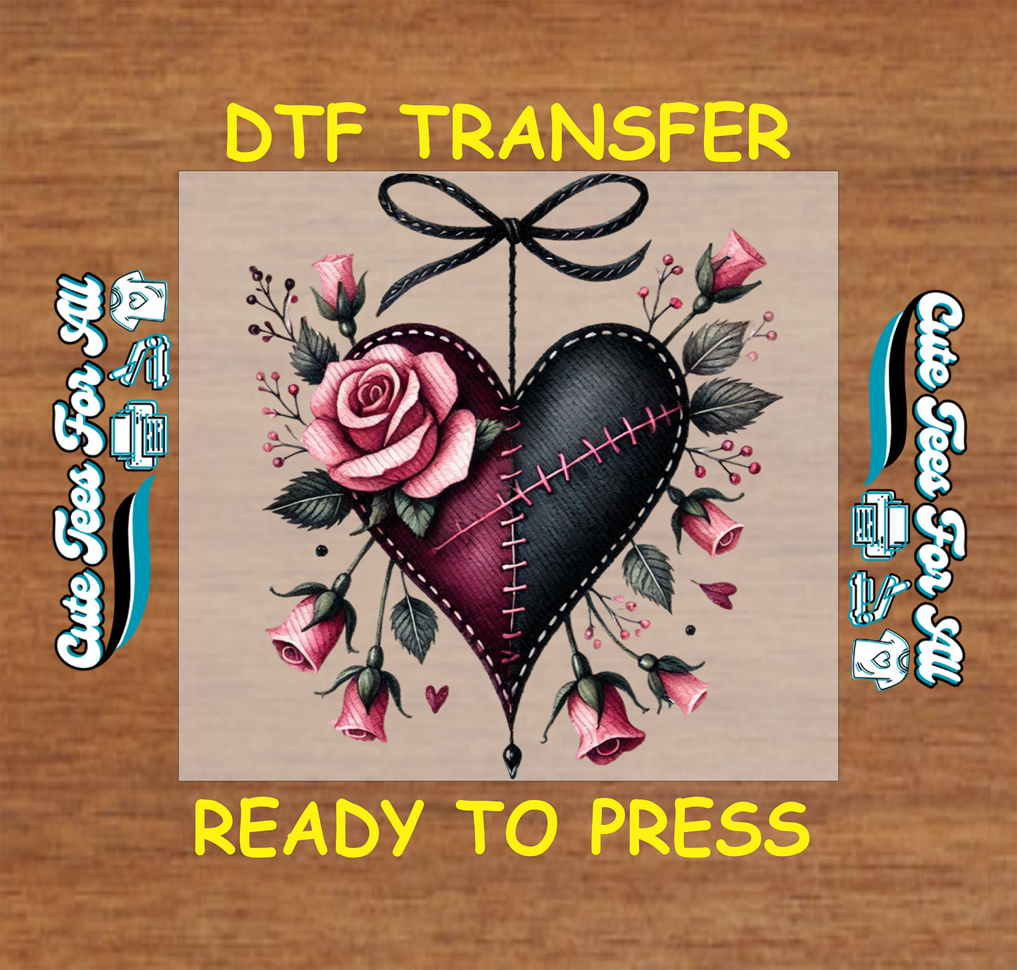 gothic stitched heart with roses ready to press dtf transfer iron on heat transfer decal