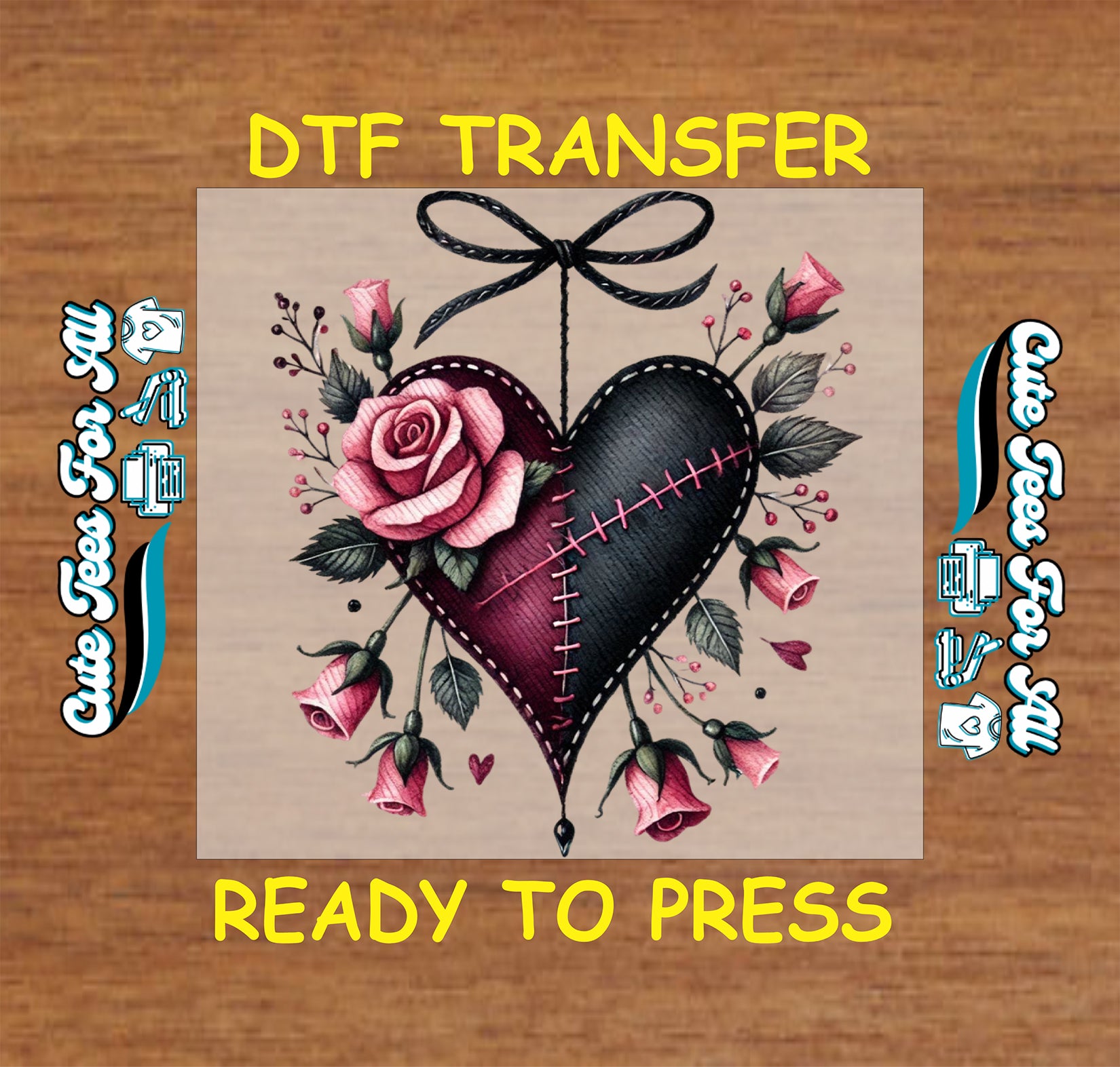 gothic stitched heart with roses ready to press dtf transfer iron on heat transfer decal