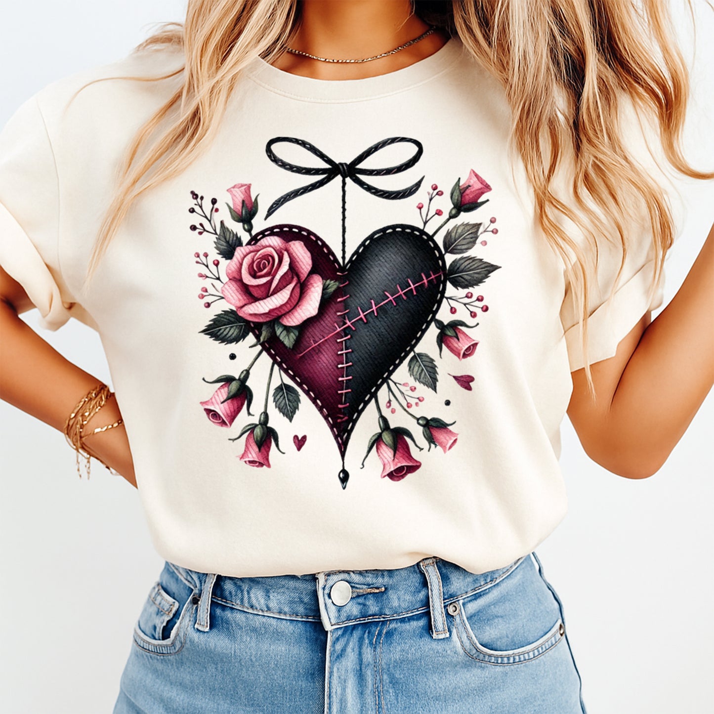 cream shirt with gothic stitched heart rose design ready to press dtf transfer applied on apparel