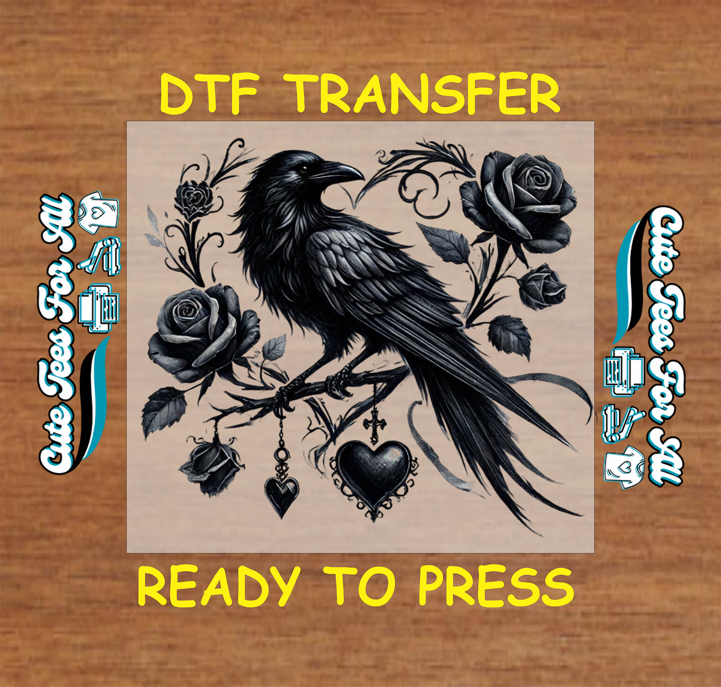 gothic raven with roses and heart charm ready to press dtf transfer iron on heat transfer decal