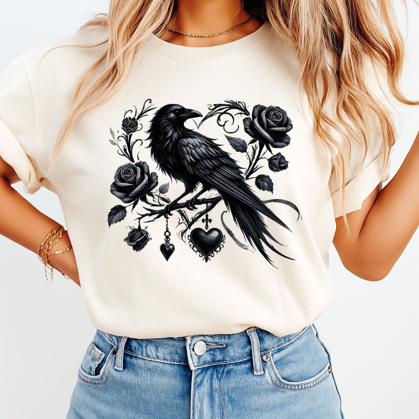 cream shirt with gothic raven rose heart design ready to press dtf transfer applied on apparel
