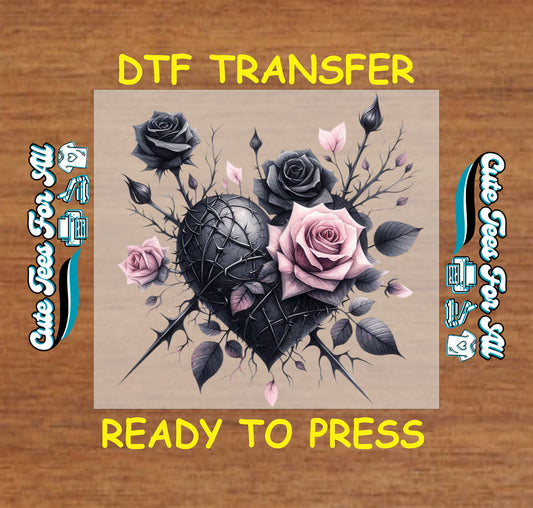 gothic thorn heart with roses ready to press dtf transfer iron on heat transfer decal