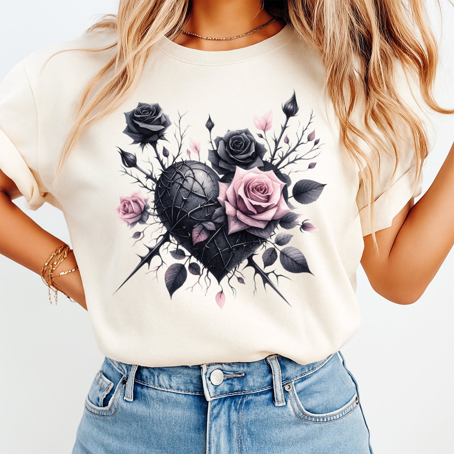 cream shirt with gothic thorn heart rose design ready to press dtf transfer applied on apparel