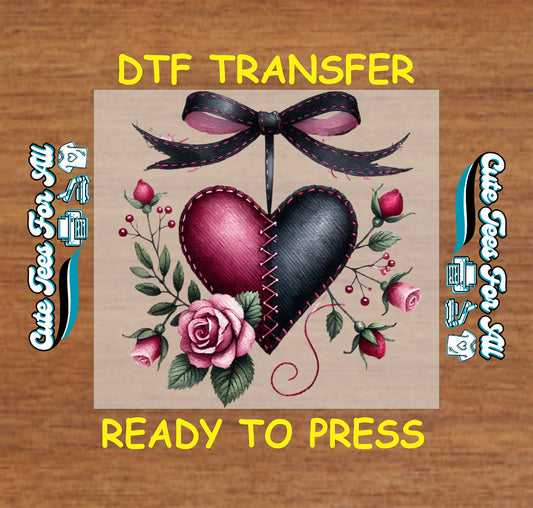 stitched gothic heart with bow and roses ready to press dtf transfer iron on heat transfer decal