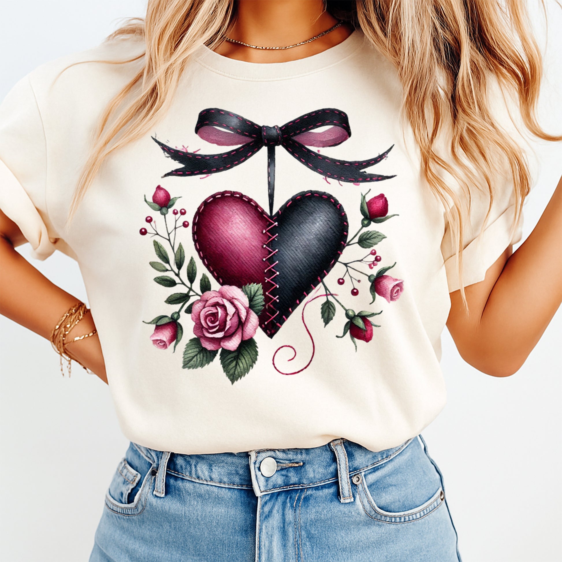 cream shirt with stitched heart bow rose design ready to press dtf transfer applied on apparel