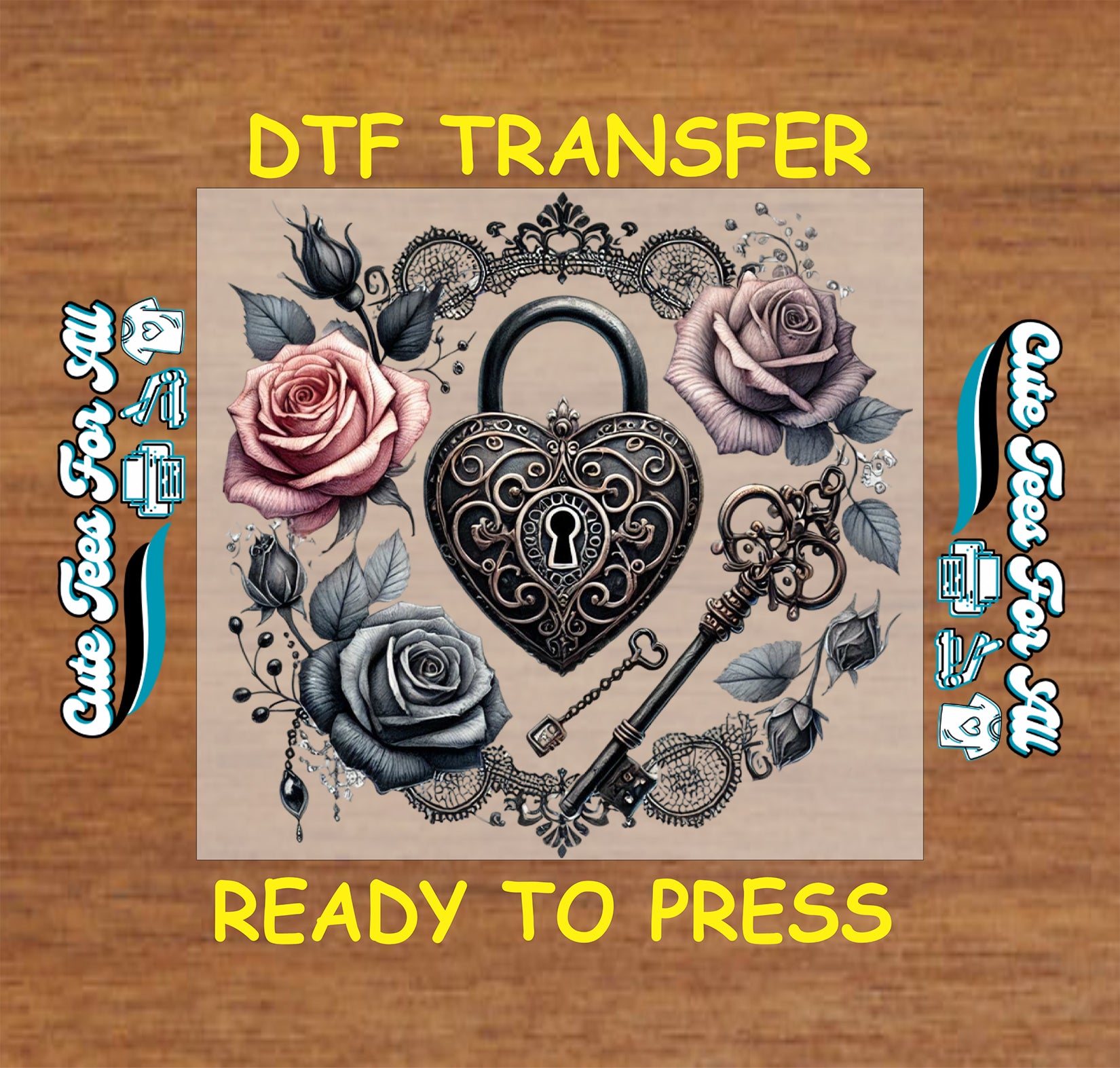 gothic heart lock and key with roses ready to press dtf transfer iron on heat transfer decal