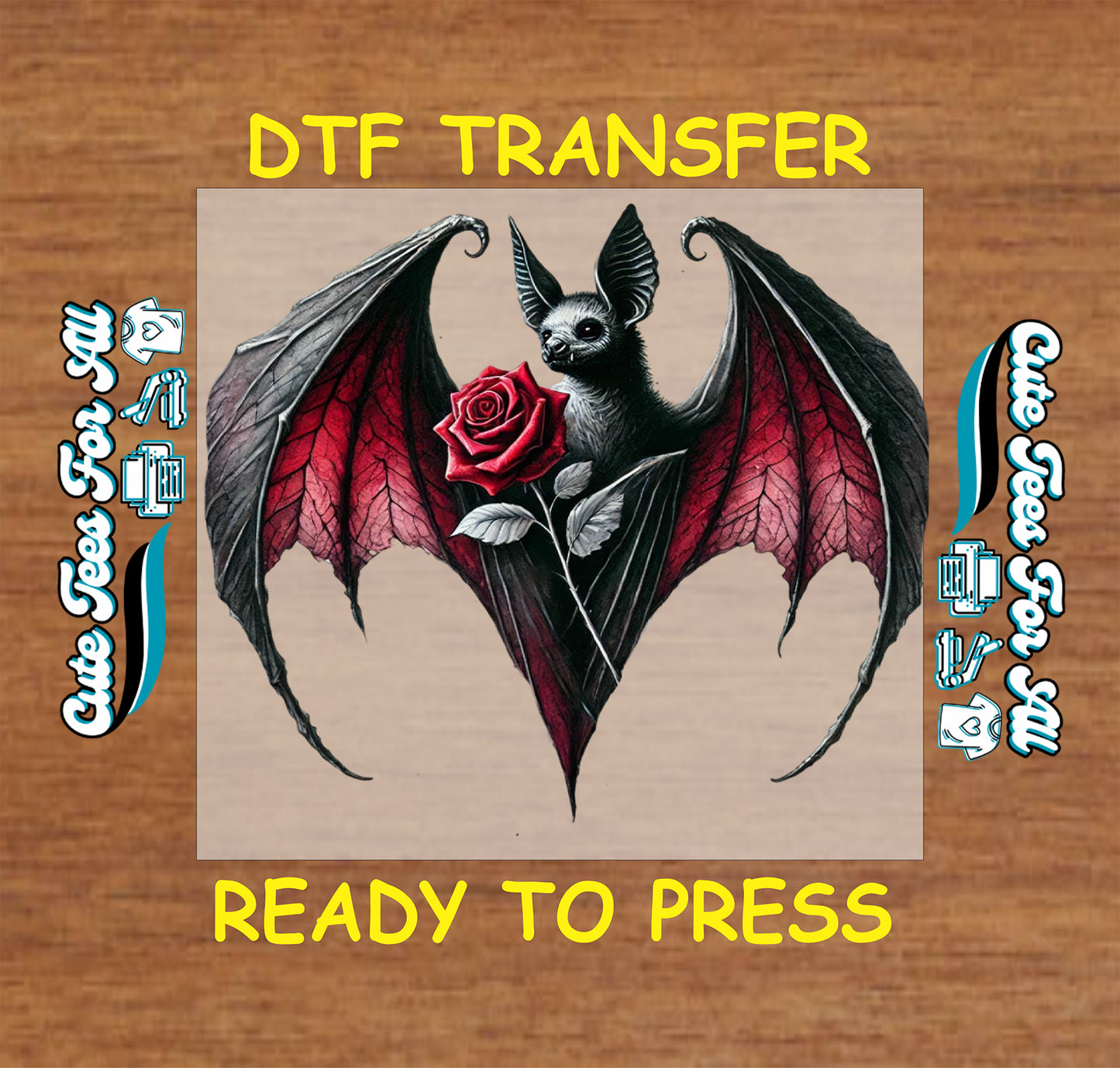 gothic bat with red rose ready to press dtf transfer iron on heat transfer decal