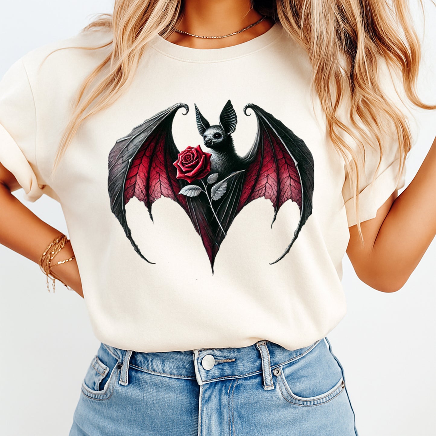 cream shirt with gothic bat rose design ready to press dtf transfer applied on apparel