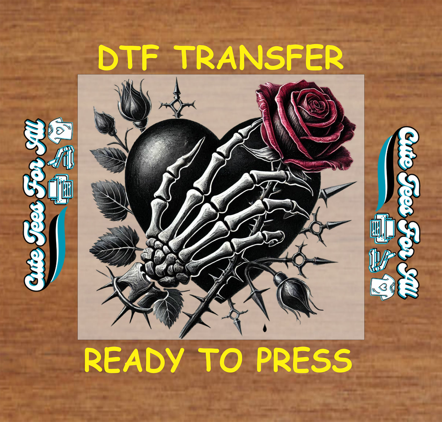 gothic skeleton hand heart with rose ready to press dtf transfer iron on heat transfer decal