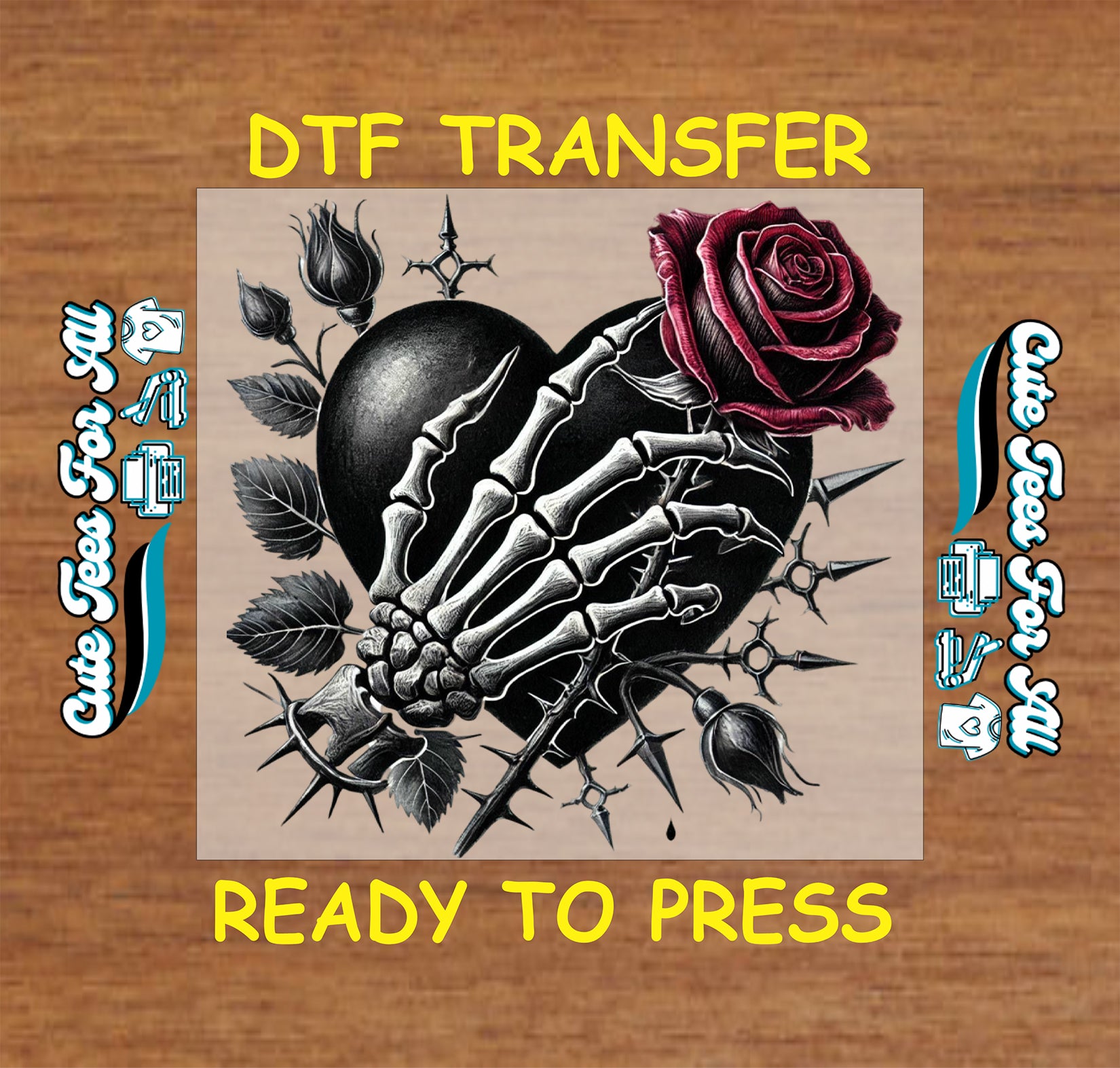 gothic skeleton hand heart with rose ready to press dtf transfer iron on heat transfer decal