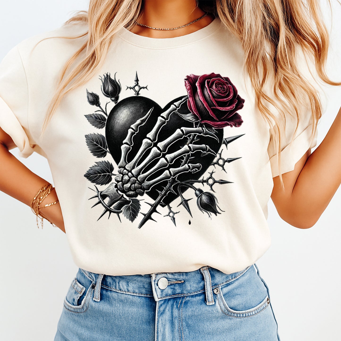 cream shirt with gothic skeleton hand heart rose design ready to press dtf transfer applied on apparel