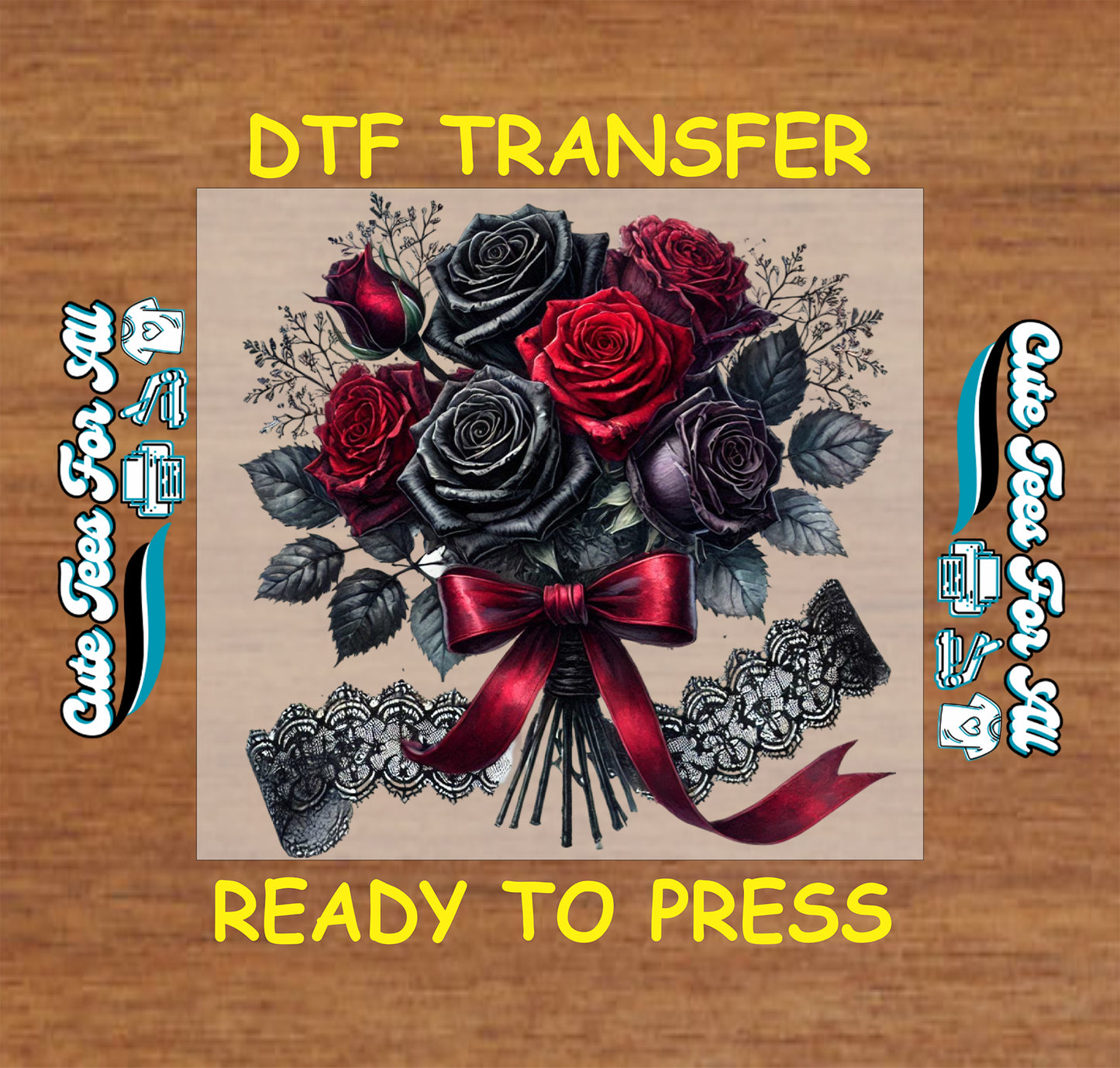 black and red gothic rose bouquet with lace ribbon ready to press dtf transfer iron on heat transfer decal