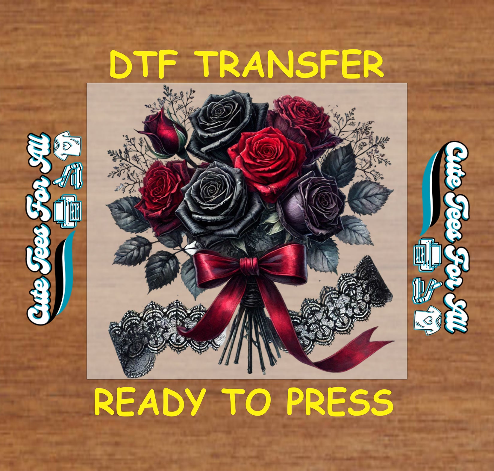 black and red gothic rose bouquet with lace ribbon ready to press dtf transfer iron on heat transfer decal