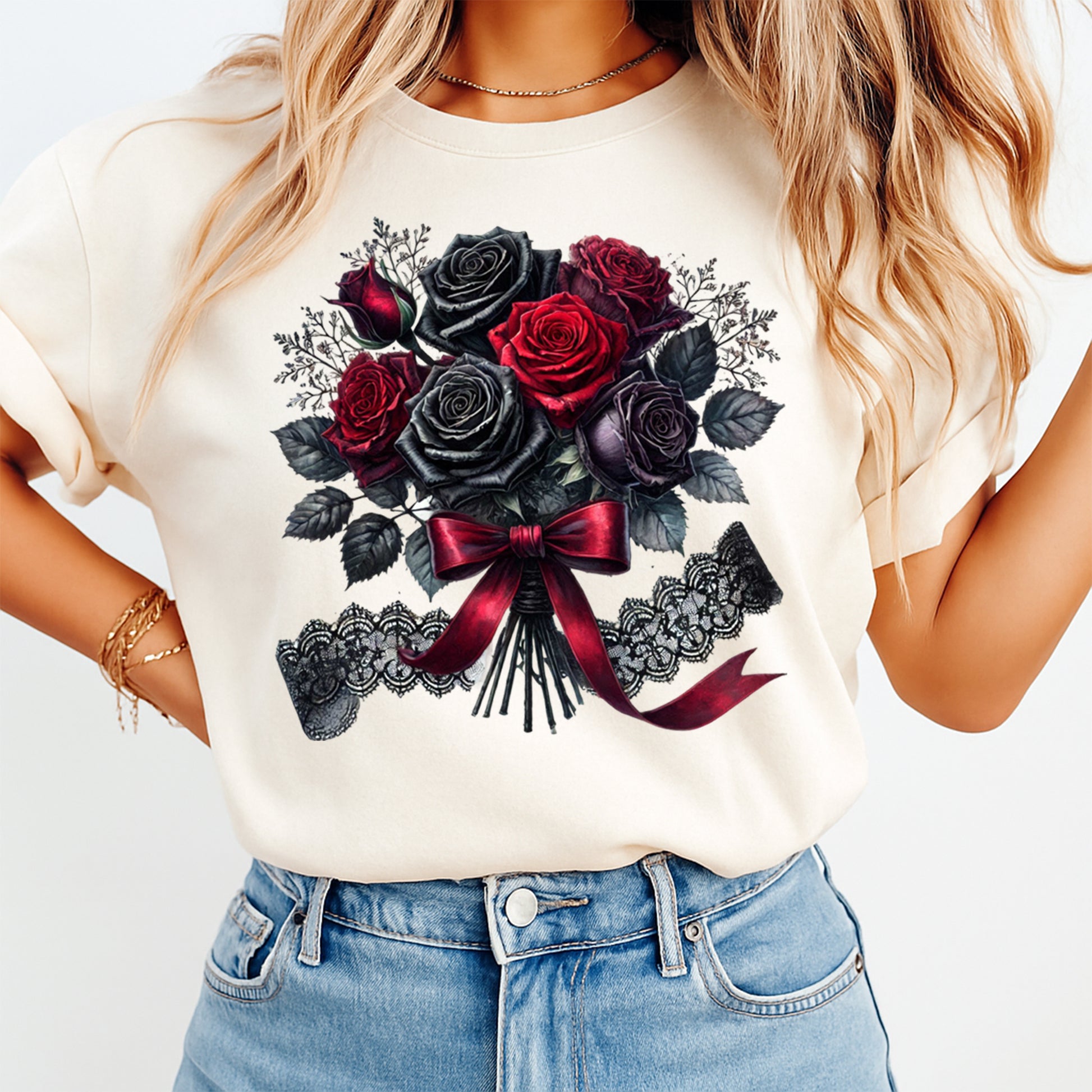 cream shirt with gothic black red rose bouquet lace ribbon ready to press dtf transfer applied on apparel