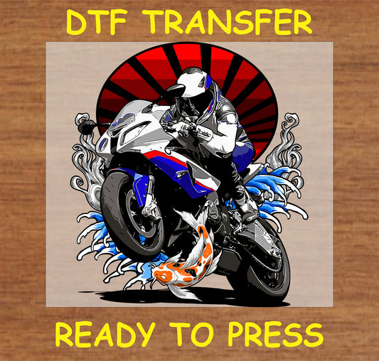 "Motorcycle Rider with Koi DTF Transfer featuring Japanese-inspired elements, koi fish, and a rising sun"