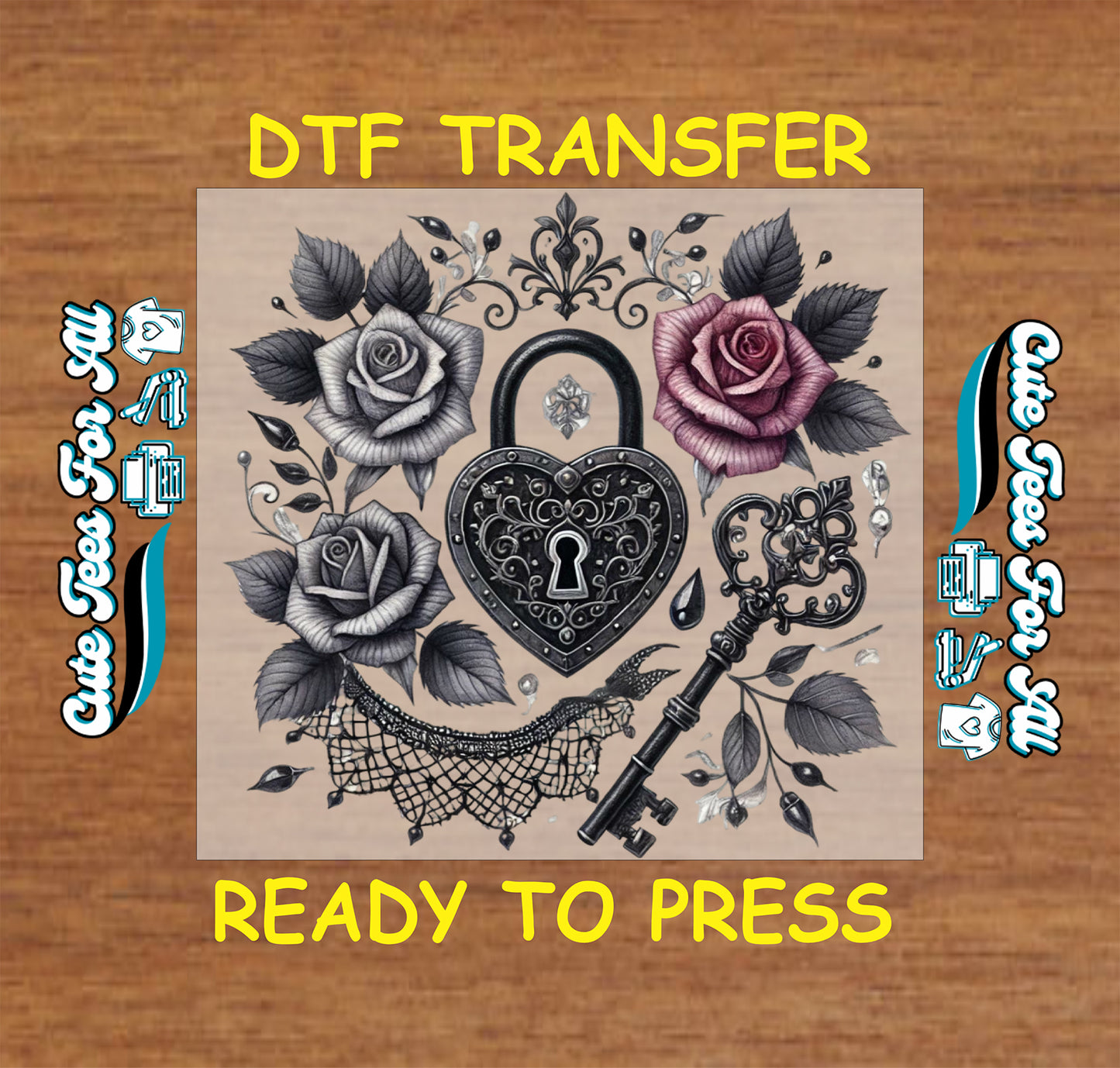 gothic heart lock and key with roses ready to press dtf transfer iron on heat transfer decal