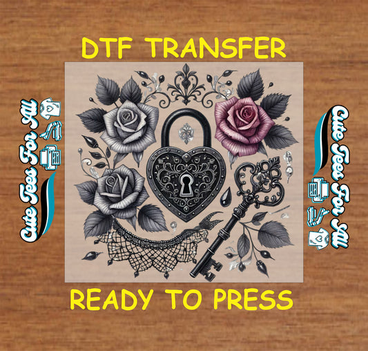 gothic heart lock and key with roses ready to press dtf transfer iron on heat transfer decal
