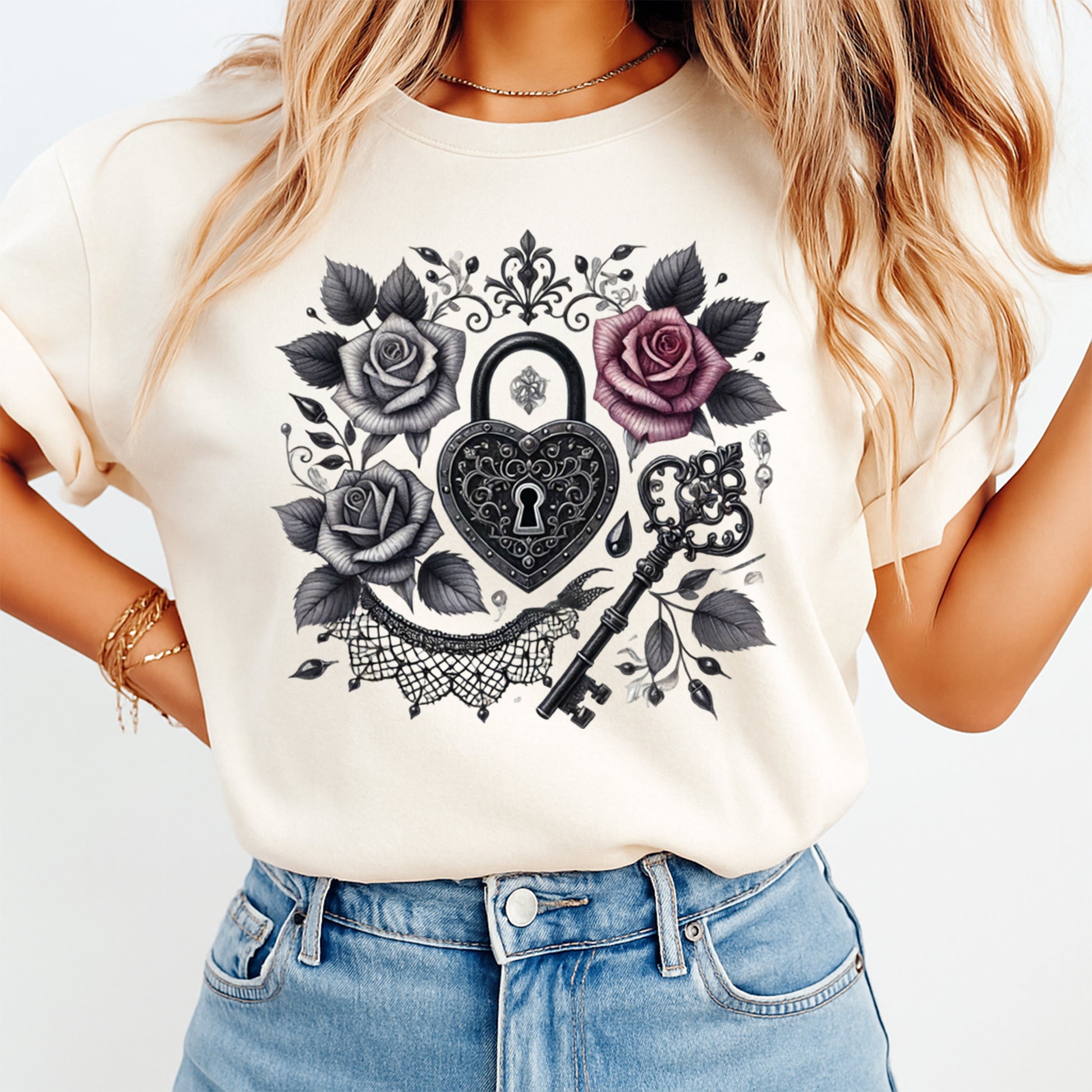cream shirt with gothic heart lock key roses design ready to press dtf transfer applied on apparel