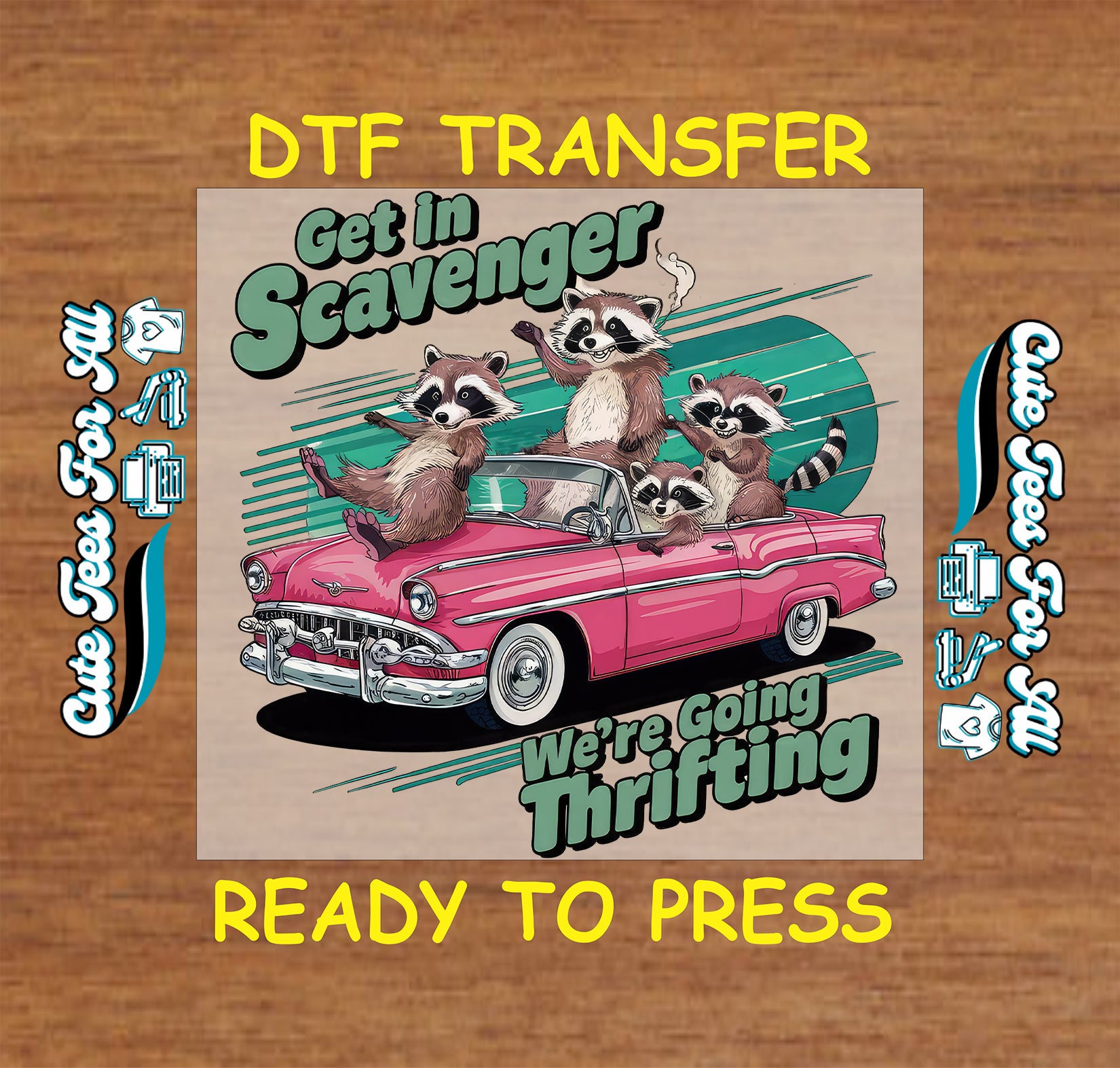 funny raccoons in car get in scavenger thrift design ready to press dtf transfer iron on heat transfer decal