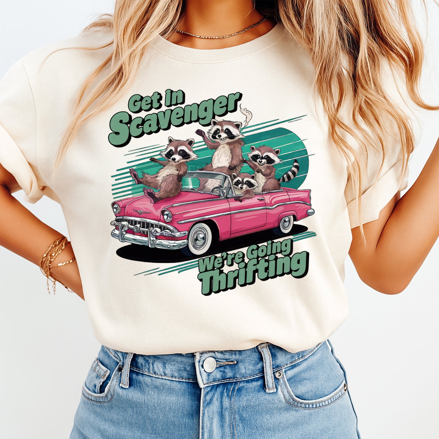 cream shirt with funny raccoon thrift design ready to press dtf transfer applied on apparel