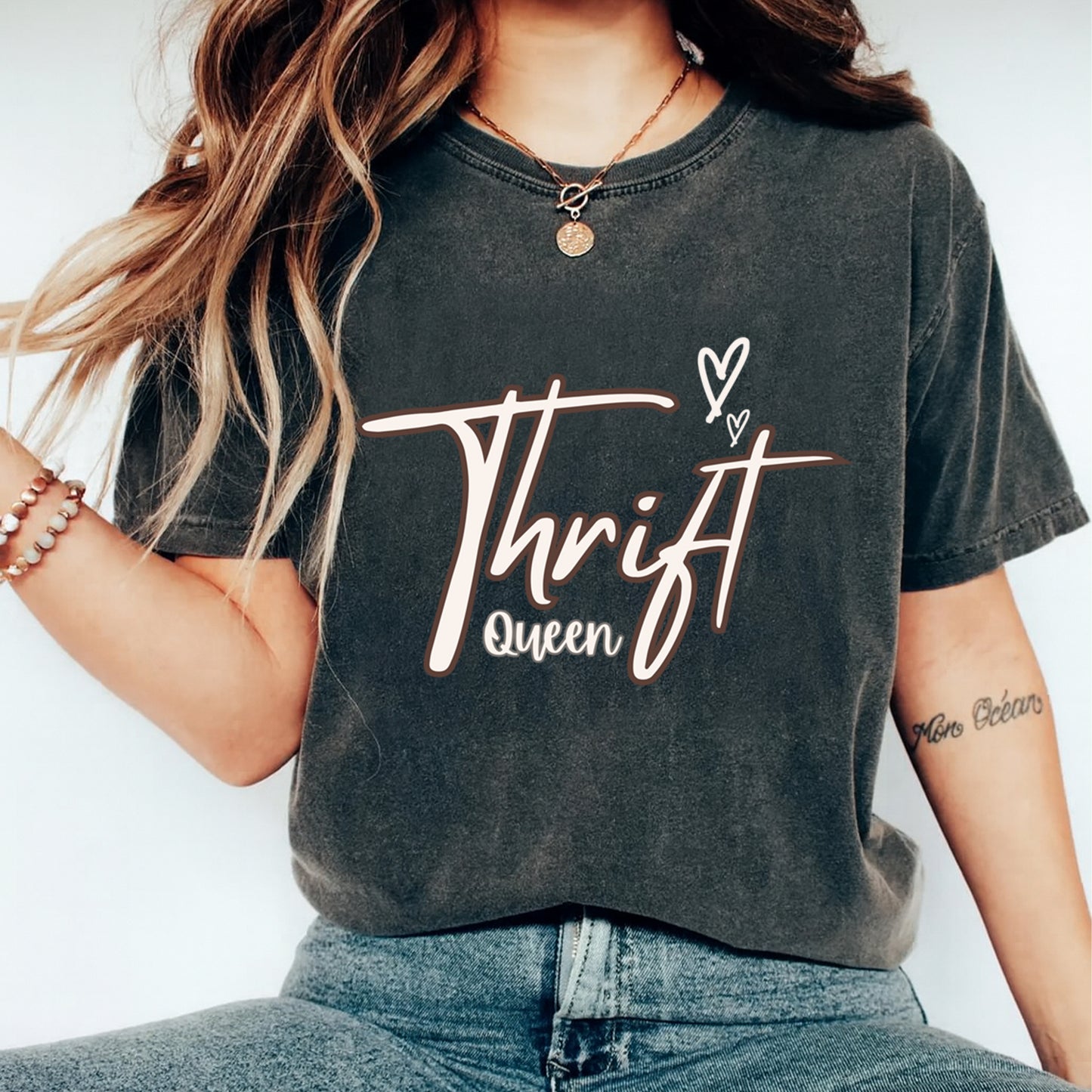 dark shirt with thrift queen script design ready to press dtf transfer applied on apparel