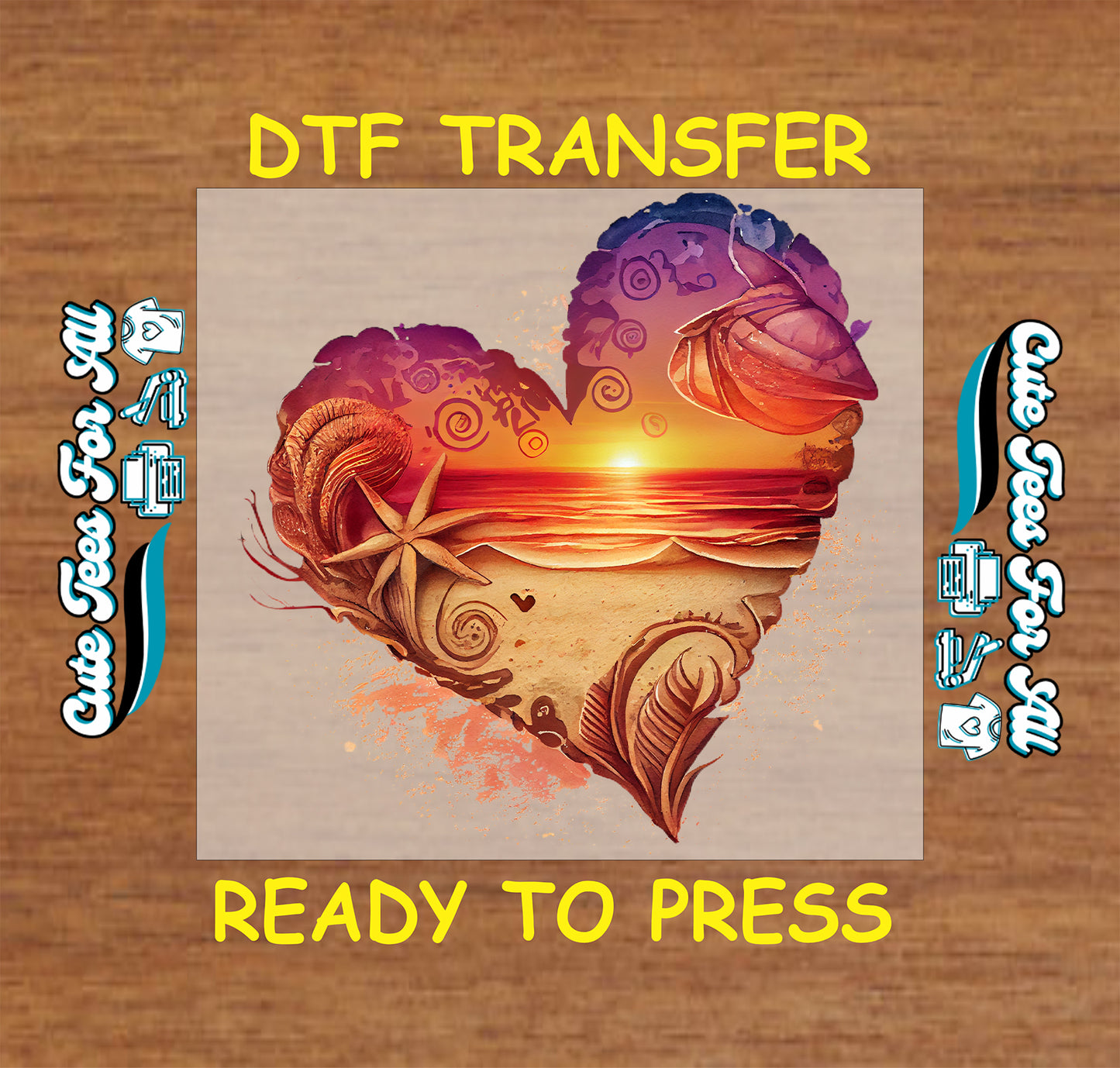 summer beach heart sunset ready to press dtf transfer with seashell and starfish ocean design iron on heat transfer