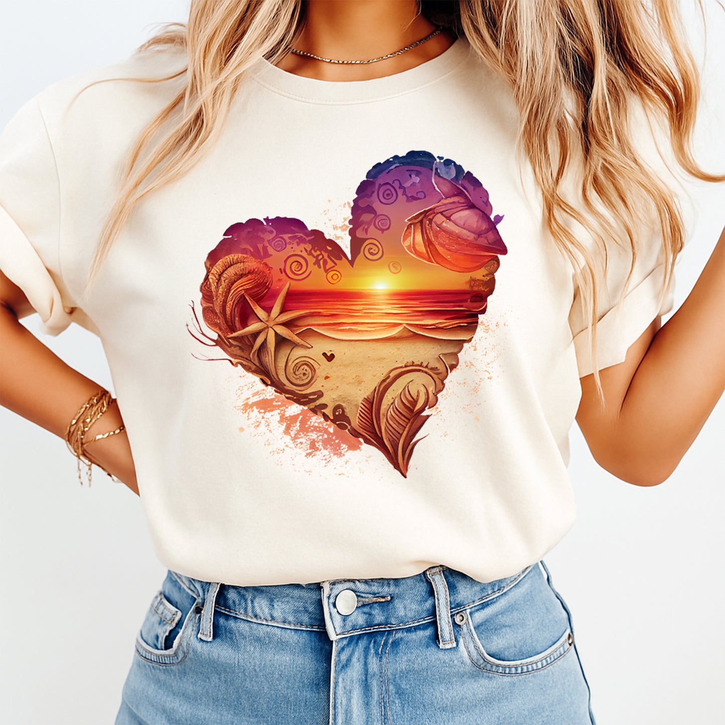 woman wearing shirt with sunset beach heart seashell starfish design ready to press dtf transfer applied on apparel