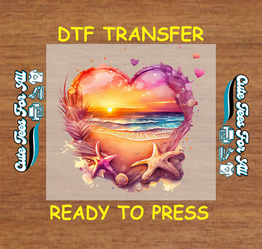 summer watercolor beach heart sunset ready to press dtf transfer with starfish ocean waves iron on heat transfer