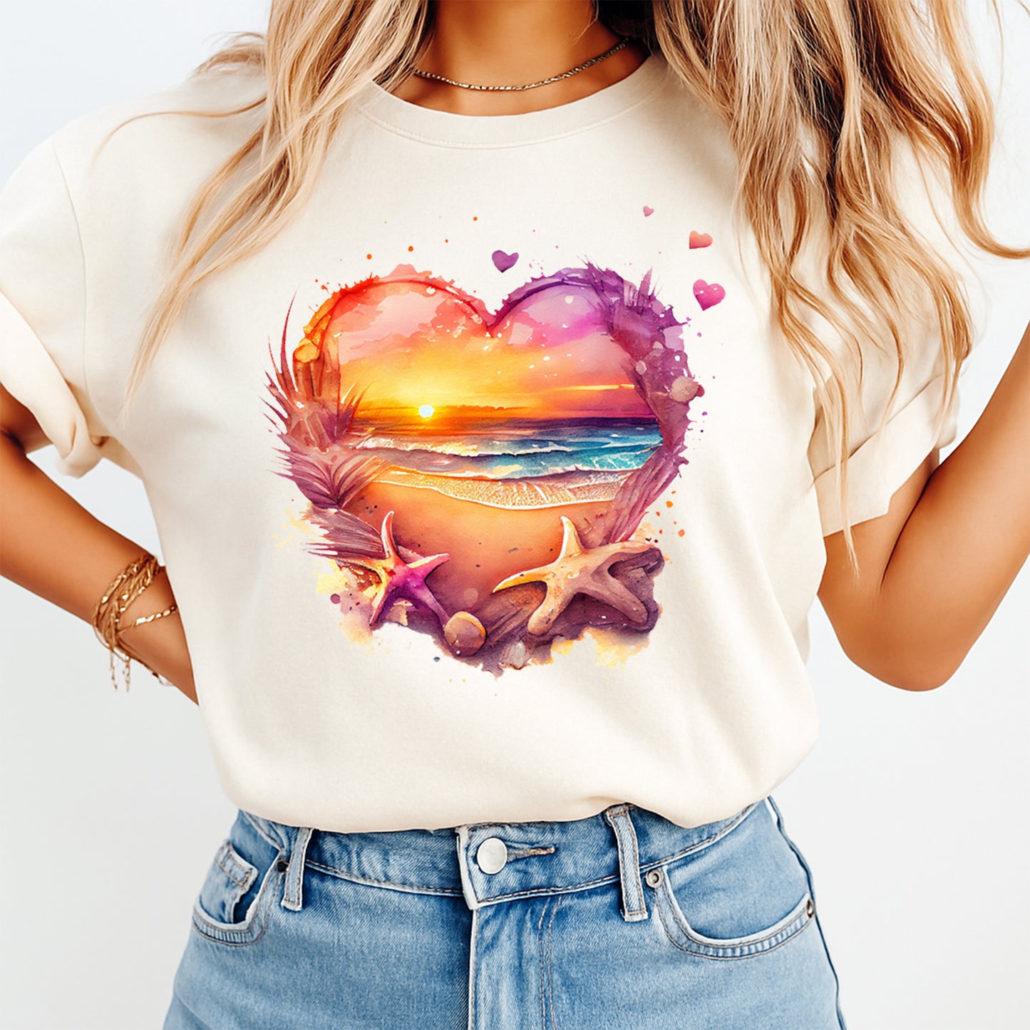 woman wearing shirt with watercolor sunset beach heart starfish design ready to press dtf transfer on apparel