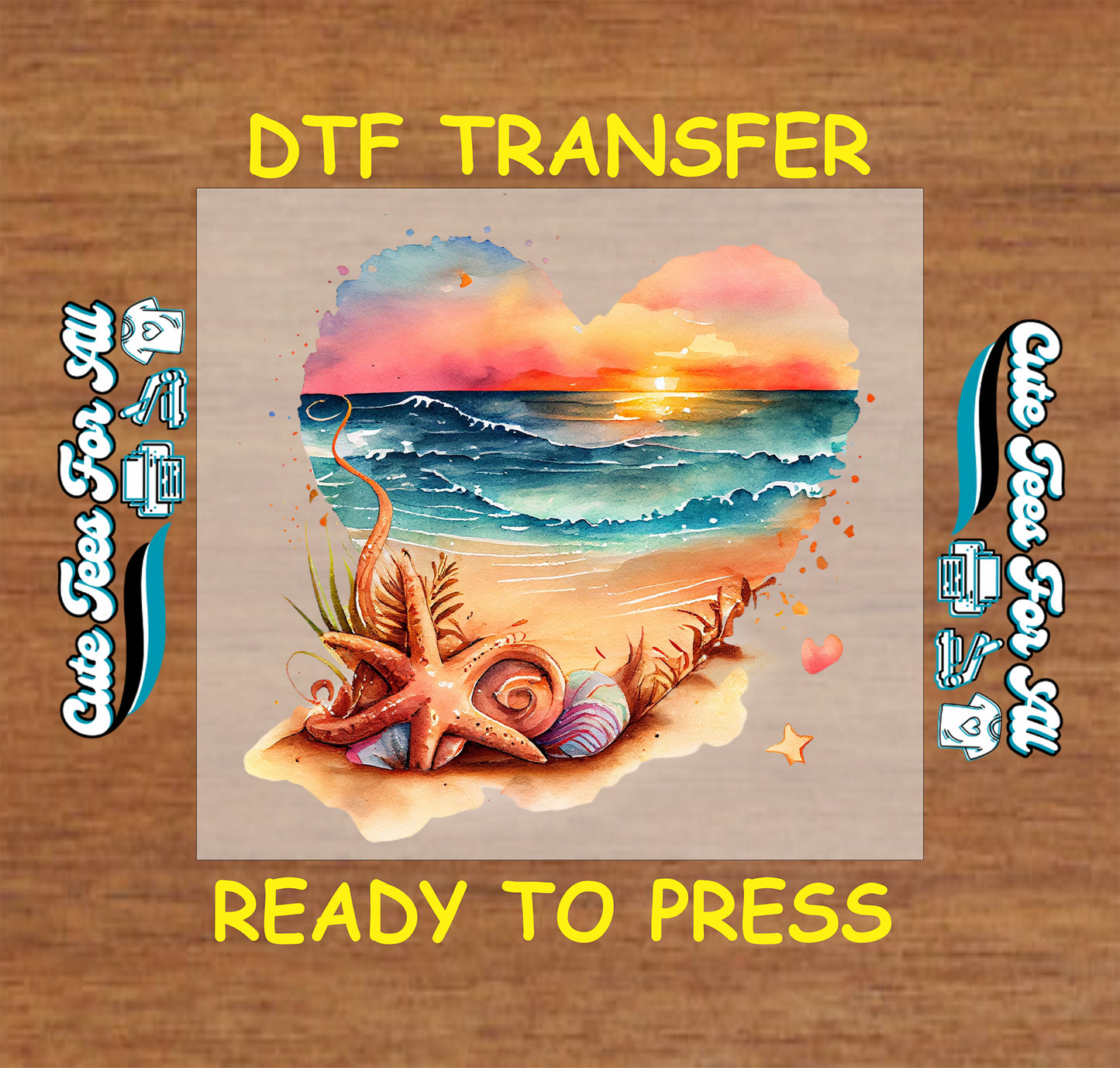 beach sunset heart with seashells starfish ready to press dtf transfer iron on heat transfer decal