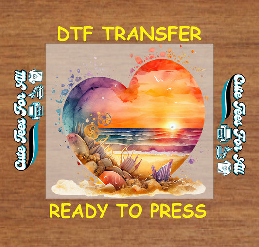 watercolor beach sunset heart ready to press dtf transfer with seashell sand ocean design iron on heat transfer