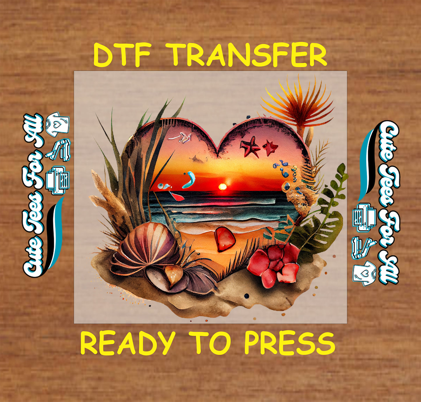 tropical beach sunset heart ready to press dtf transfer with seashell flowers ocean design iron on heat transfer